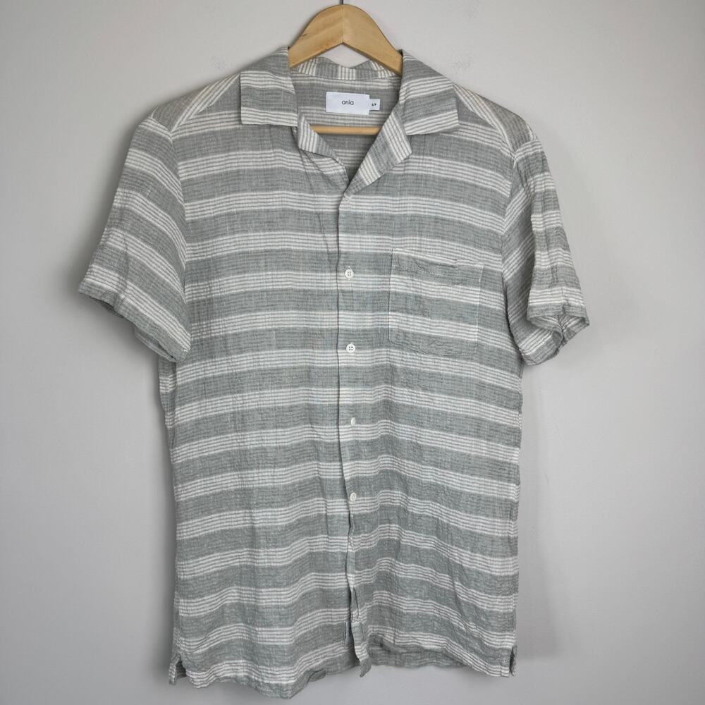 Onia Men's Linen Blend Grey & Cream Striped Short Sleeve Button Down Shirt Small